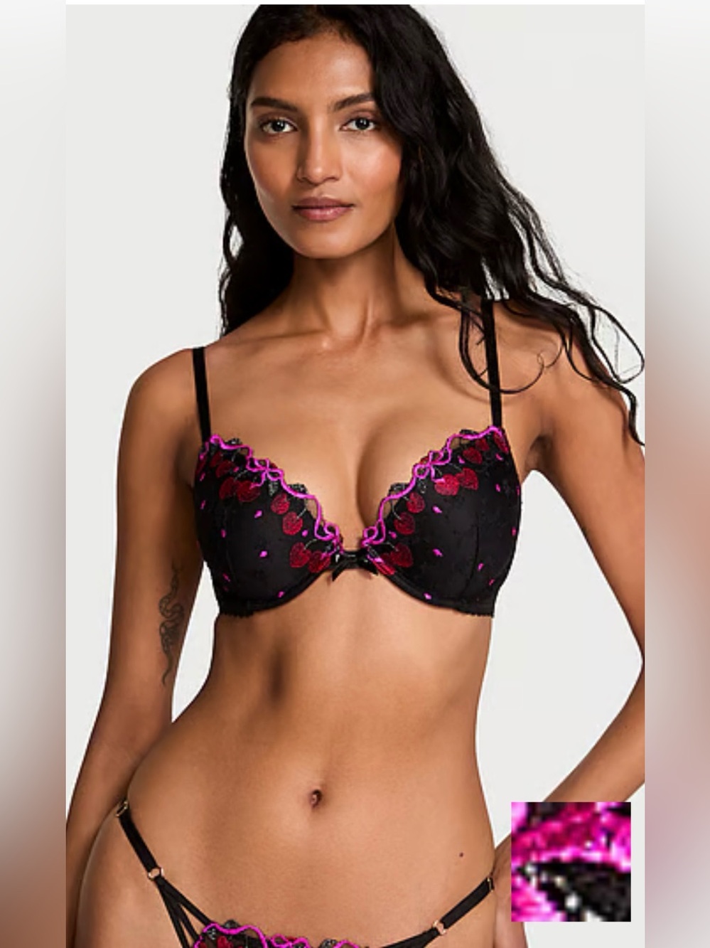 Black & Pink Embroidered Push-Up Bra - Women Intimates